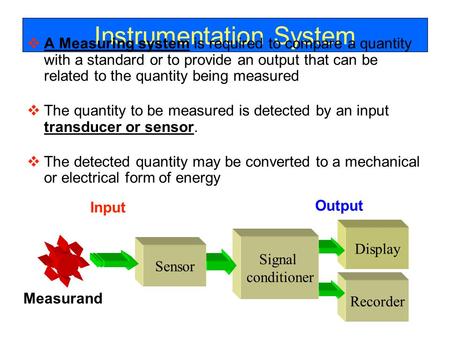 Instrumentation System  A Measuring system is required to compare a quantity with a standard or to provide an output that can be related to the quantity.