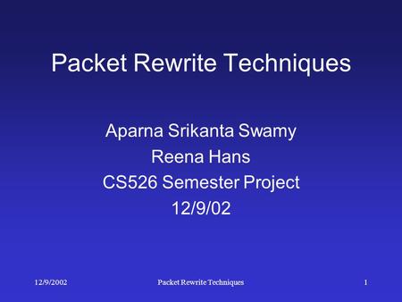 12/9/2002Packet Rewrite Techniques1 Aparna Srikanta Swamy Reena Hans CS526 Semester Project 12/9/02.