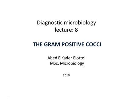 Diagnostic microbiology lecture: 8 THE GRAM POSITIVE COCCI Abed ElKader Elottol MSc. Microbiology 2010 1.