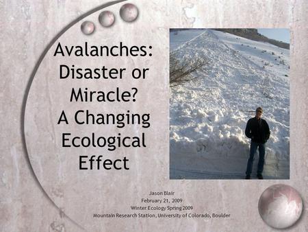 Avalanches: Disaster or Miracle? A Changing Ecological Effect Jason Blair February 21, 2009 Winter Ecology Spring 2009 Mountain Research Station, University.