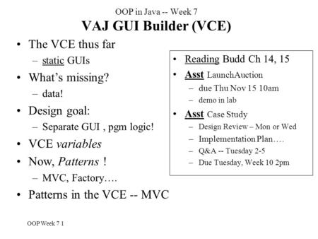 OOP Week 7 1 OOP in Java -- Week 7 VAJ GUI Builder (VCE) Reading Budd Ch 14, 15 Asst LaunchAuction –due Thu Nov 15 10am –demo in lab Asst Case Study –Design.