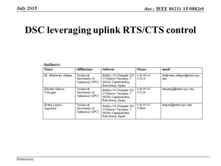 Doc.: IEEE 80211-15/0882r0 Submission DSC leveraging uplink RTS/CTS control Authors: July 2015.