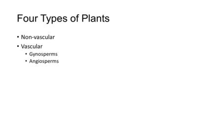 Four Types of Plants Non-vascular Vascular Gynosperms Angiosperms.