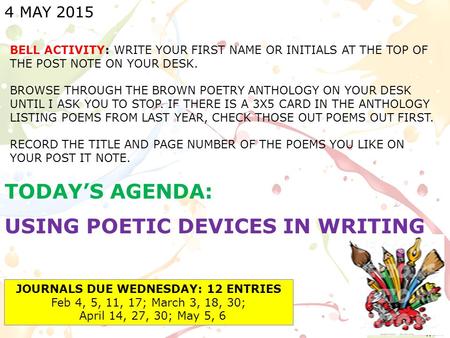 4 MAY 2015 BELL ACTIVITY: WRITE YOUR FIRST NAME OR INITIALS AT THE TOP OF THE POST NOTE ON YOUR DESK. BROWSE THROUGH THE BROWN POETRY ANTHOLOGY ON YOUR.