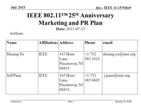 Submission doc.: IEEE 11-15/936r0 July 2015 Slide 1 IEEE 802.11™ 25 th Anniversary Marketing and PR Plan Date: 2015-07-15 Authors: NameAffiliationsAddressPhoneemail.