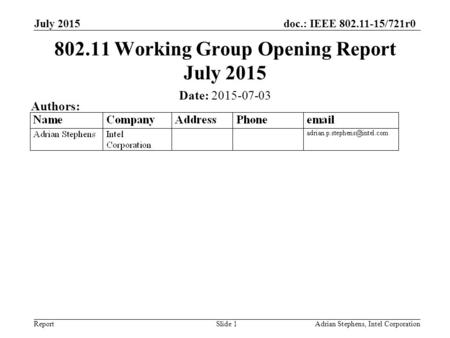 Doc.: IEEE 802.11-15/721r0 ReportAdrian Stephens, Intel Corporation 802.11 Working Group Opening Report July 2015 Date: 2015-07-03 Authors: July 2015 Slide.