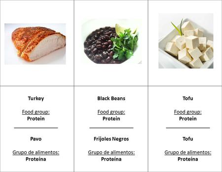 Turkey Food group: Protein ________________ Pavo Grupo de alimentos: Proteína Black Beans Food group: Protein ________________ Frijoles Negros Grupo de.