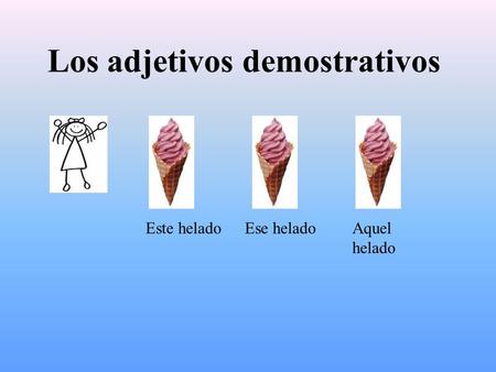 Este heladoEse heladoAquel helado Los adjetivos demostrativos.