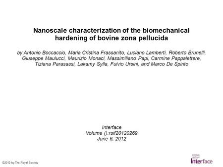 Nanoscale characterization of the biomechanical hardening of bovine zona pellucida by Antonio Boccaccio, Maria Cristina Frassanito, Luciano Lamberti, Roberto.