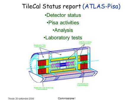 Trieste 20 settembre 2006 Commissione I Detector status Pisa activities Analysis Laboratory tests TileCal Status report (ATLAS-Pisa)