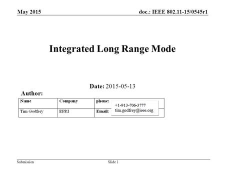 Doc.: IEEE 802.11-15/0545r1 Submission May 2015 Integrated Long Range Mode Date: 2015-05-13 Slide 1 Author: