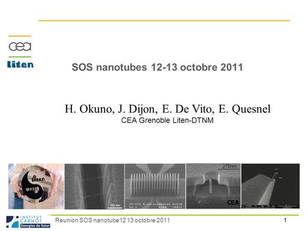 1 Reunion SOS nanotube12 13 octobre 2011 H. Okuno, J. Dijon, E. De Vito, E. Quesnel CEA Grenoble Liten-DTNM SOS nanotubes 12-13 octobre 2011.