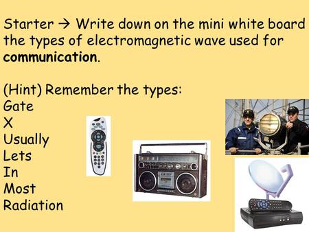 Starter  Write down on the mini white board the types of electromagnetic wave used for communication. (Hint) Remember the types: Gate X Usually Lets In.