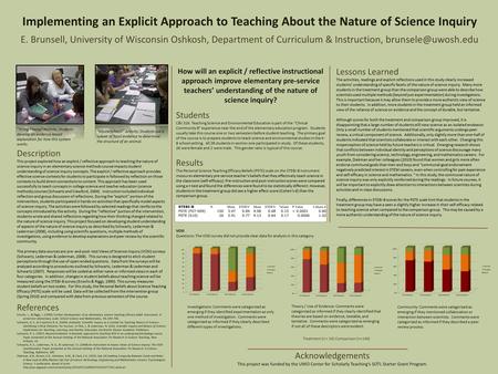 Implementing an Explicit Approach to Teaching About the Nature of Science Inquiry E. Brunsell, University of Wisconsin Oshkosh, Department of Curriculum.