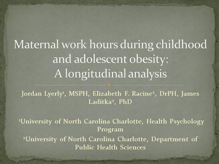 Jordan Lyerly 1, MSPH, Elizabeth F. Racine 2, DrPH, James Laditka 2, PhD 1 University of North Carolina Charlotte, Health Psychology Program 2 University.