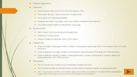 Theme: Agronomy Learners: Environment Objectives Standards