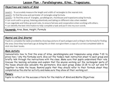 Lesson Plan – Parallelograms, Kites, Trapeziums.