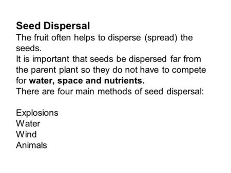 Seed Dispersal The fruit often helps to disperse (spread) the seeds