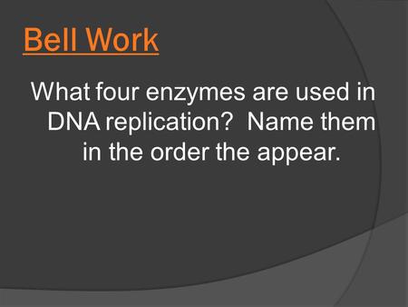 Bell Work What four enzymes are used in DNA replication? Name them in the order the appear.