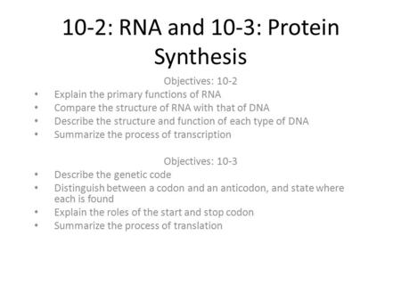 10-2: RNA and 10-3: Protein Synthesis