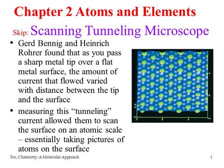 Tro, Chemistry: A Molecular Approach1 Skip: Scanning Tunneling Microscope Gerd Bennig and Heinrich Rohrer found that as you pass a sharp metal tip over.