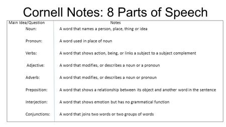 Cornell Notes: 8 Parts of Speech