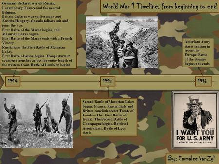 World War 1 Timeline: from beginning to end 191419151916 By: Emmalee VanZyl Germany declares war on Russia, Luxembourg, France and the neutral Belgium.