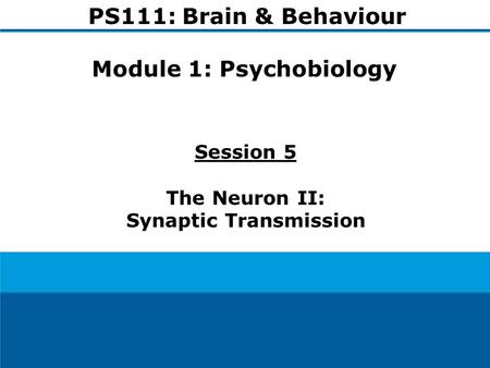 1 Session 5 The Neuron II: Synaptic Transmission PS111: Brain & Behaviour Module 1: Psychobiology.