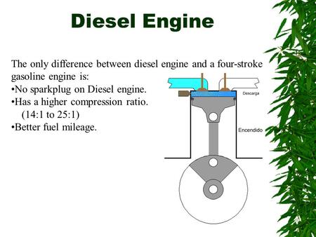 Diesel Engine The only difference between diesel engine and a four-stroke gasoline engine is: No sparkplug on Diesel engine. Has a higher compression ratio.