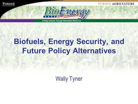 Biofuels, Energy Security, and Future Policy Alternatives Wally Tyner.
