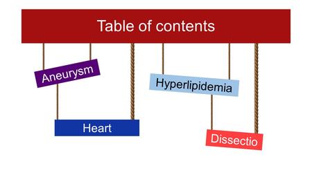 Table of contents Aneurysm Dissectio n Heart Arrhytmia Hyperlipidemia.