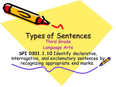 Types of Sentences Third Grade Language Arts SPI 0301.1.10 Identify declarative, interrogative, and exclamatory sentences by recognizing appropriate end.