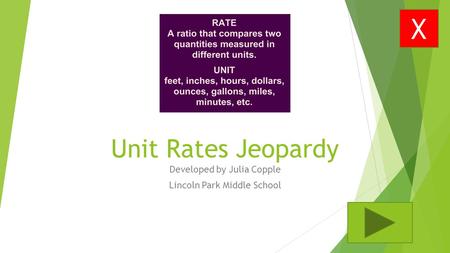 Unit Rates Jeopardy Developed by Julia Copple Lincoln Park Middle School X.