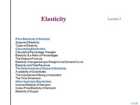 Elasticity Lecture 5 Price Elasticity of Demand Slope and Elasticity Types of Elasticity Calculating Elasticities Calculating Percentage Changes Elasticity.