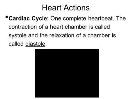 Heart Actions Cardiac Cycle: One complete heartbeat. The contraction of a heart chamber is called systole and the relaxation of a chamber is called diastole.