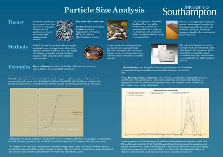 Particle Size Analysis Sediment particles can be a range of sizes from boulders of a metre in diameter to clay particles less than 2 microns (0.002 millimetres)