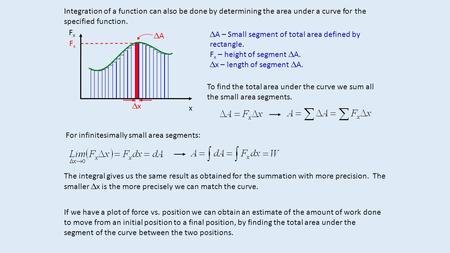 Integration of a function can also be done by determining the area under a curve for the specified function. xx FxFx AA To find the total area under.