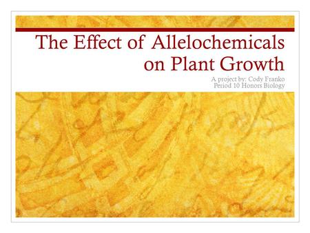 The Effect of Allelochemicals on Plant Growth A project by: Cody Franko Period 10 Honors Biology.