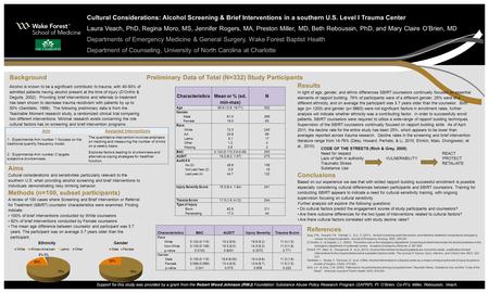 Cultural Considerations: Alcohol Screening & Brief Interventions in a southern U.S. Level I Trauma Center Laura Veach, PhD, Regina Moro, MS, Jennifer Rogers,