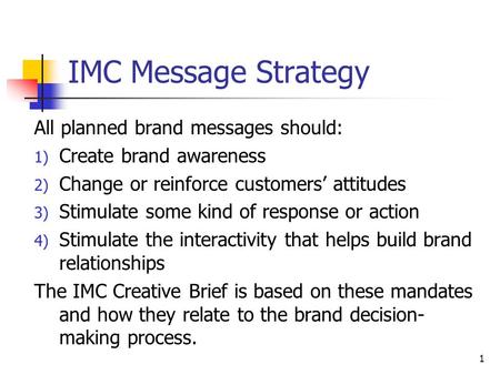 IMC Message Strategy All planned brand messages should: