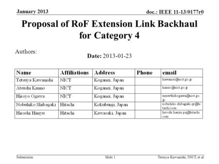 Submission doc.: IEEE 11-13/0177r0 January 2013 Tetsuya Kawanishi, NICT, et al.Slide 1 Proposal of RoF Extension Link Backhaul for Category 4 Date: 2013-01-23.