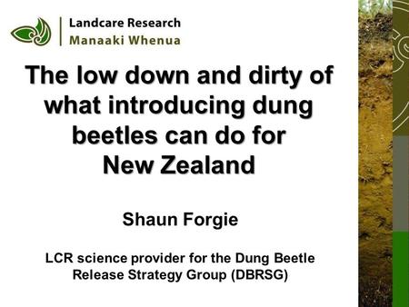 The low down and dirty of what introducing dung beetles can do for New Zealand Shaun Forgie LCR science provider for the Dung Beetle Release Strategy.