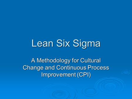 Lean Six Sigma A Methodology for Cultural Change and Continuous Process Improvement (CPI)
