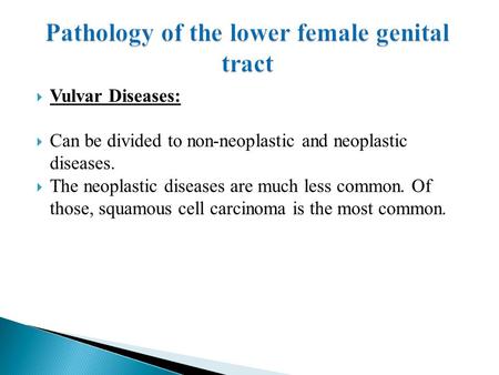  Vulvar Diseases:  Can be divided to non-neoplastic and neoplastic diseases.  The neoplastic diseases are much less common. Of those, squamous cell.