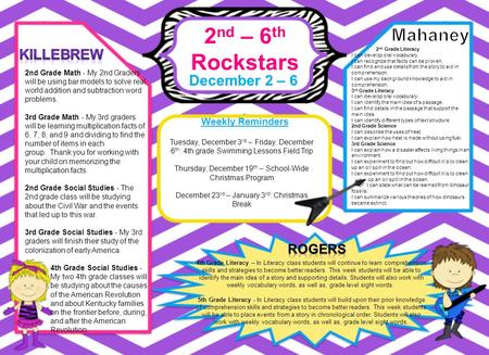 2 nd – 6 th Rockstars December 2 – 6 Weekly Reminders 4th Grade Literacy – In Literacy class students will continue to learn comprehension skills and strategies.