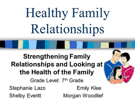 Healthy Family Relationships Strengthening Family Relationships and Looking at the Health of the Family Grade Level: 7 th Grade Stephanie LazoEmily Klee.
