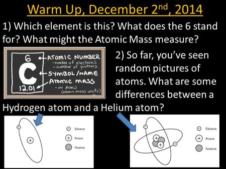 Warm Up, December 2nd, 2014 1) Which element is this? What does the 6 stand for? What might the Atomic Mass measure? 2) So far, you’ve seen 					random.