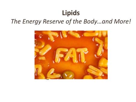 Lipids The Energy Reserve of the Body…and More!. Body Fat Functions Insulation and padding Cell structure Nerve function #1 energy reserve stored as triglyceride.