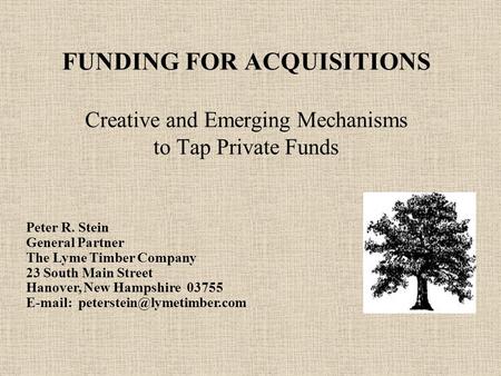 FUNDING FOR ACQUISITIONS Creative and Emerging Mechanisms to Tap Private Funds Peter R. Stein General Partner The Lyme Timber Company 23 South Main Street.