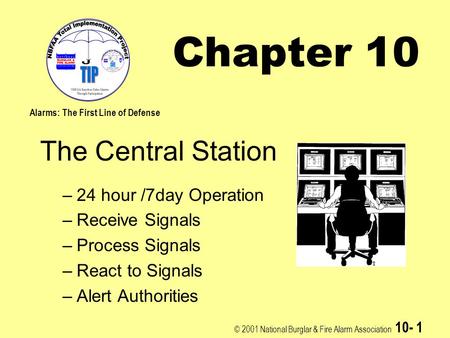 © 2001 National Burglar & Fire Alarm Association 10- 1 Chapter 10 The Central Station –24 hour /7day Operation –Receive Signals –Process Signals –React.
